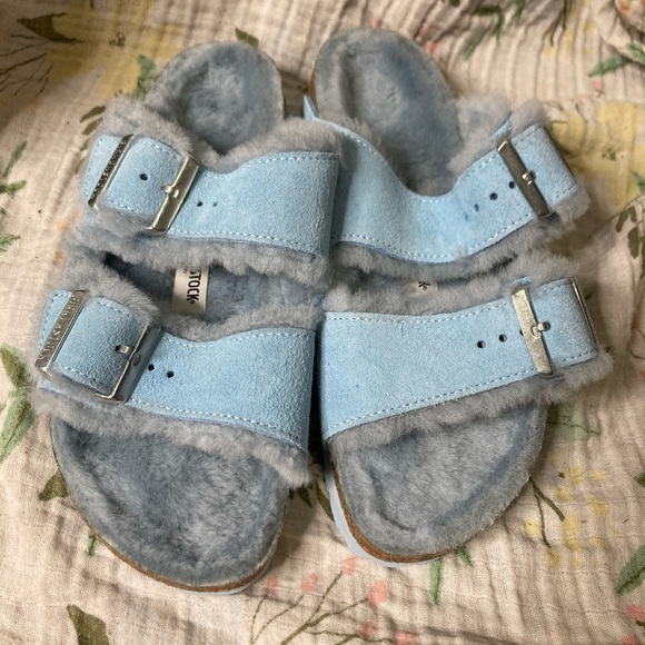 Birkenstock Arizona Shearling Light Blue Sandals - Picture 2 of 7